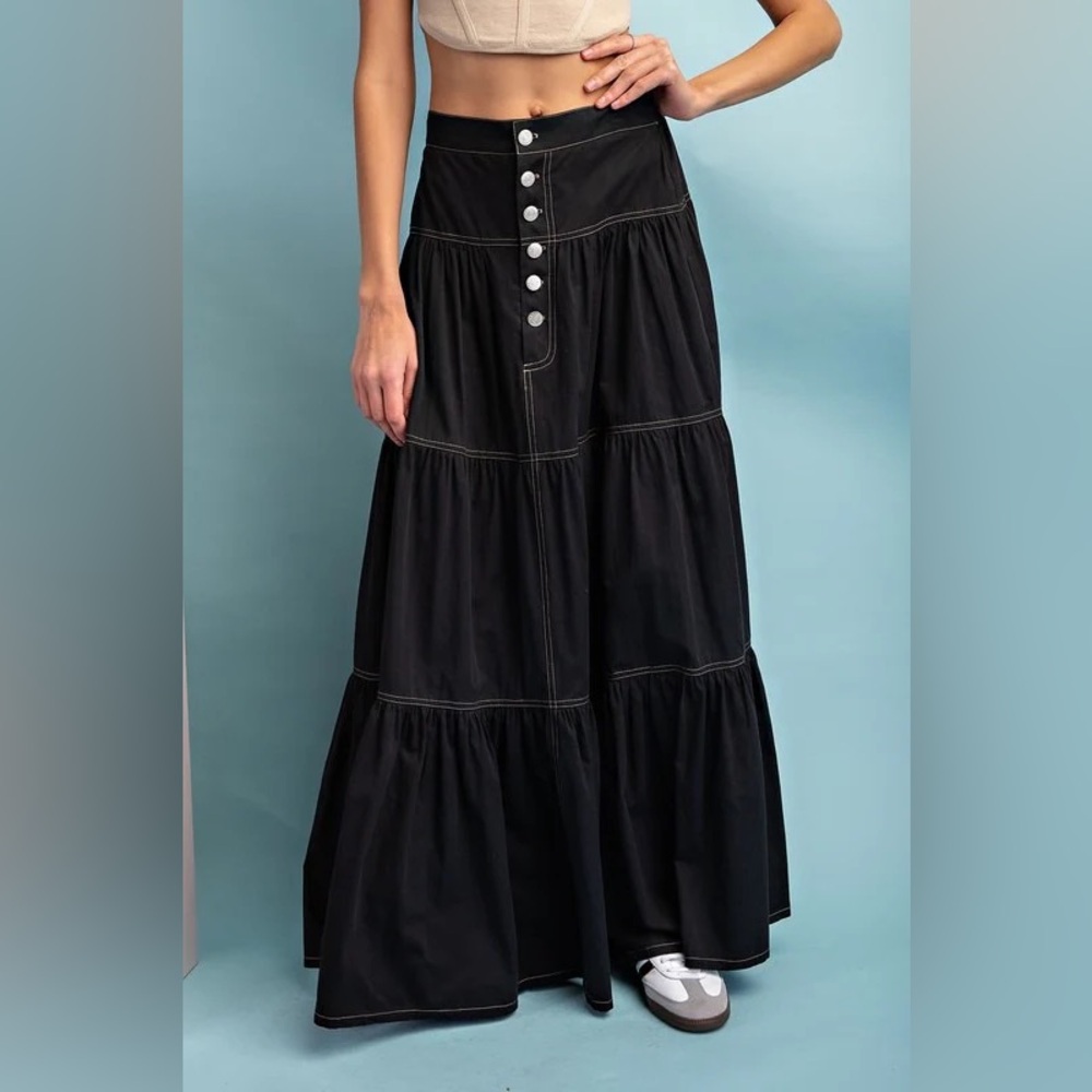 Revel Talia Black Maxi tiered denim Skirt- size small